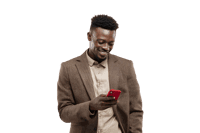 Smiling man in suit checking smartphone