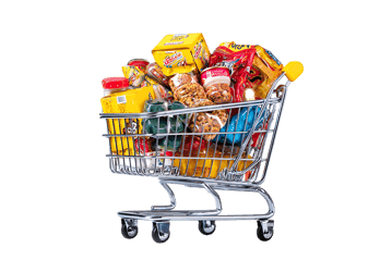 Full shopping cart of groceries. Supermarket shopping.