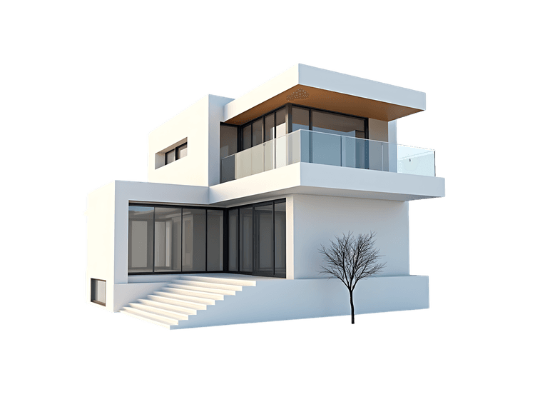 Modern white house with glass windows and a balcony