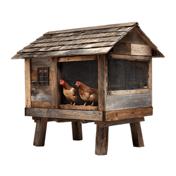 Two hens in rustic wooden coop.