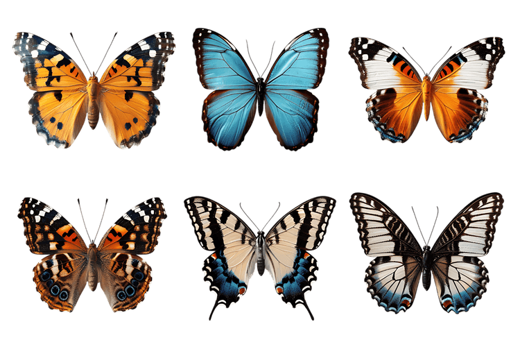 Collection of six vibrant butterfly specimens.