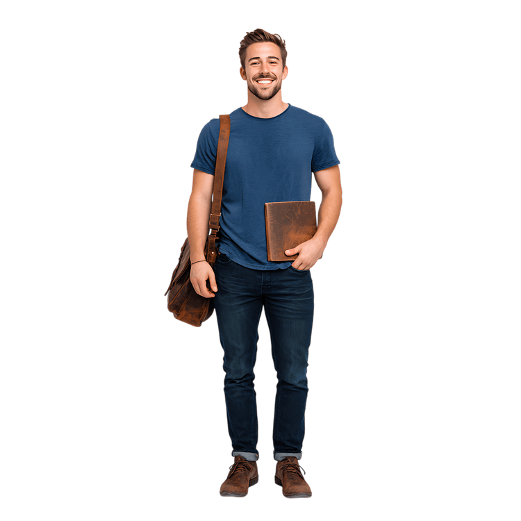 Portrait of a cheerful student with books, ready for class.