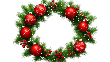 Festive Christmas wreath with red baubles and berries.