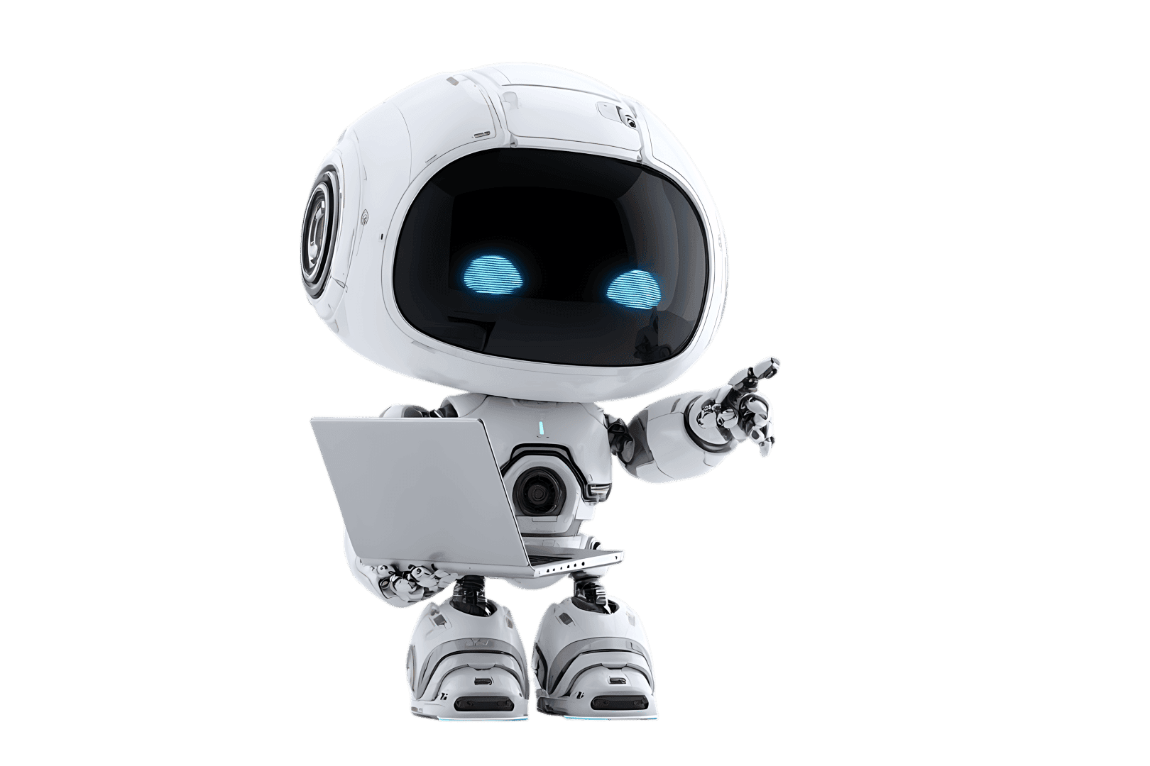 Cute robot holding laptop, pointing finger.