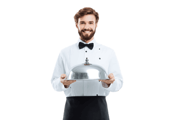 Happy waiter holding a silver food cloche. Restaurant, service, hospitality concept183.