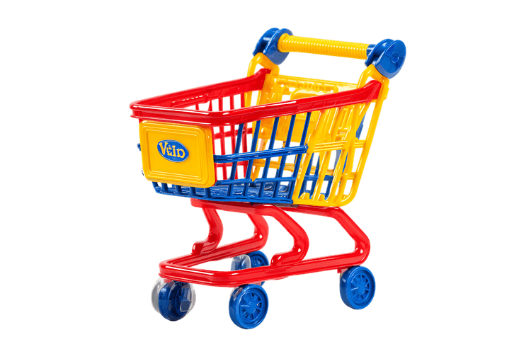 Colorful plastic toy shopping cart isolated on black.
