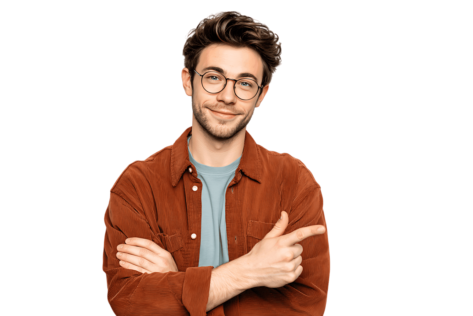 Smiling man pointing, casual style, isolated on black background.
