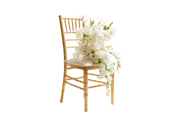Wooden chair adorned with cascading white flowers