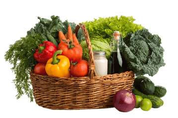 Fresh vegetables and dairy in a wicker basket.