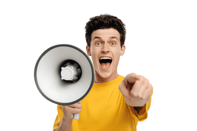 Young man shouting into a megaphone, pointing finger.