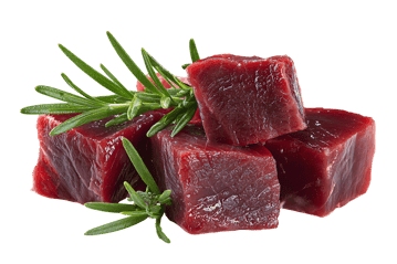 Close up of fresh, raw beef cubes garnished with rosemary sprigs.