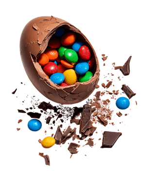 A cracked chocolate egg filled with colorful candies.