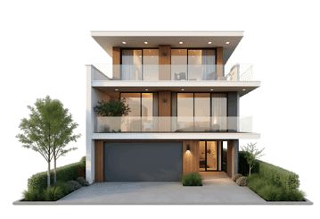 Modern three story house with glass balconies and garage