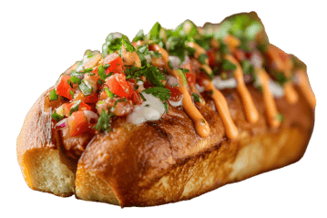 Delicious gourmet hot dog with vibrant toppings.