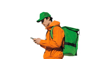 Young delivery man using smartphone, fast delivery service
