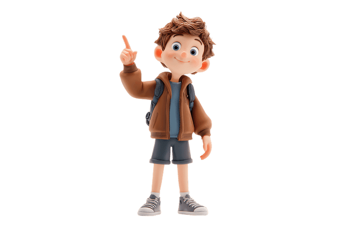 Cartoon boy pointing up with backpack