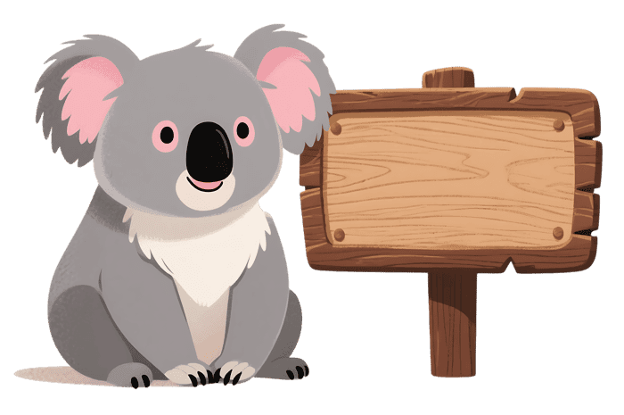 Cartoon koala bear with blank wood sign