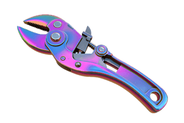 Rainbow-hued adjustable wrench.