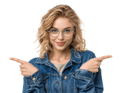 Smiling woman in glasses pointing sideways, presenting two options or making a choice.