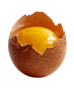 Golden yolk in a cracked brown egg.