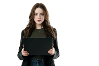Young woman holding laptop, serious expression.