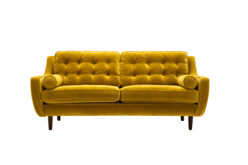 Elegant mustard yellow velvet sofa, perfect for modern living rooms.