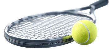 Dynamic close up of tennis ball and racket with water splash.