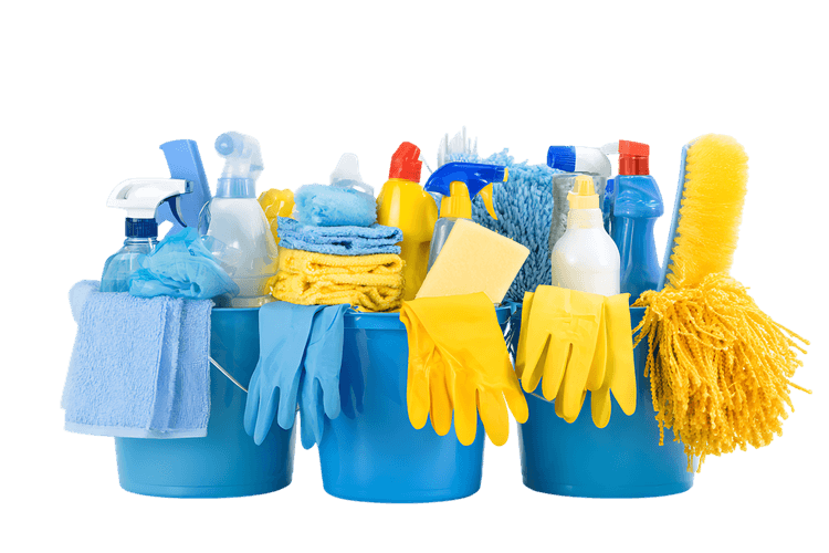 Cleaning supplies in blue buckets.