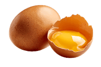 One whole and one cracked open brown egg revealing a vibrant yolk.