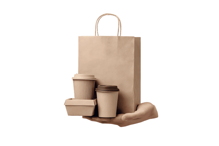 Hand holding a paper bag with coffee cups and food containers.