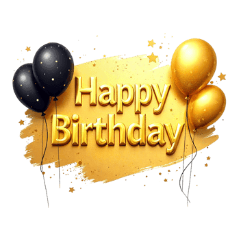 Happy birthday gold message with balloons and confetti