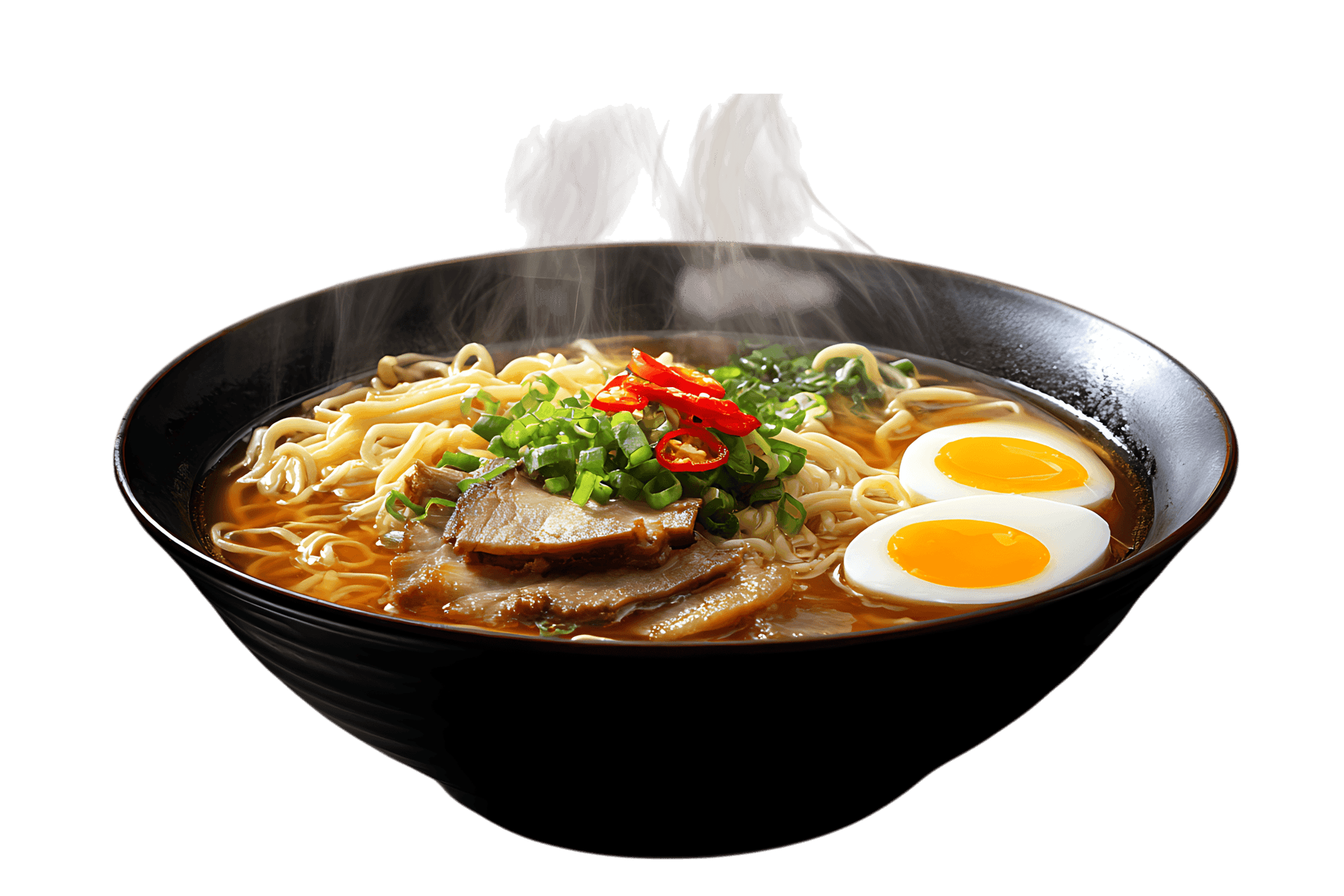 Delicious steaming ramen bowl with egg and meat.