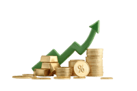 Gold coins and bars with upward arrow. Financial growth concept.