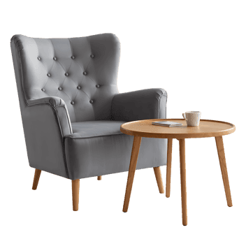 Grey armchair and round wooden side table