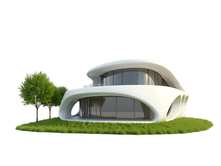 Modern white house with curved architecture on green grass