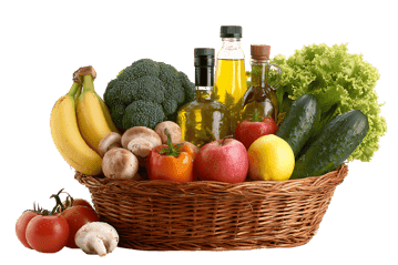 Healthy food in a wicker basket.  Fruits, vegetables, and oils.
