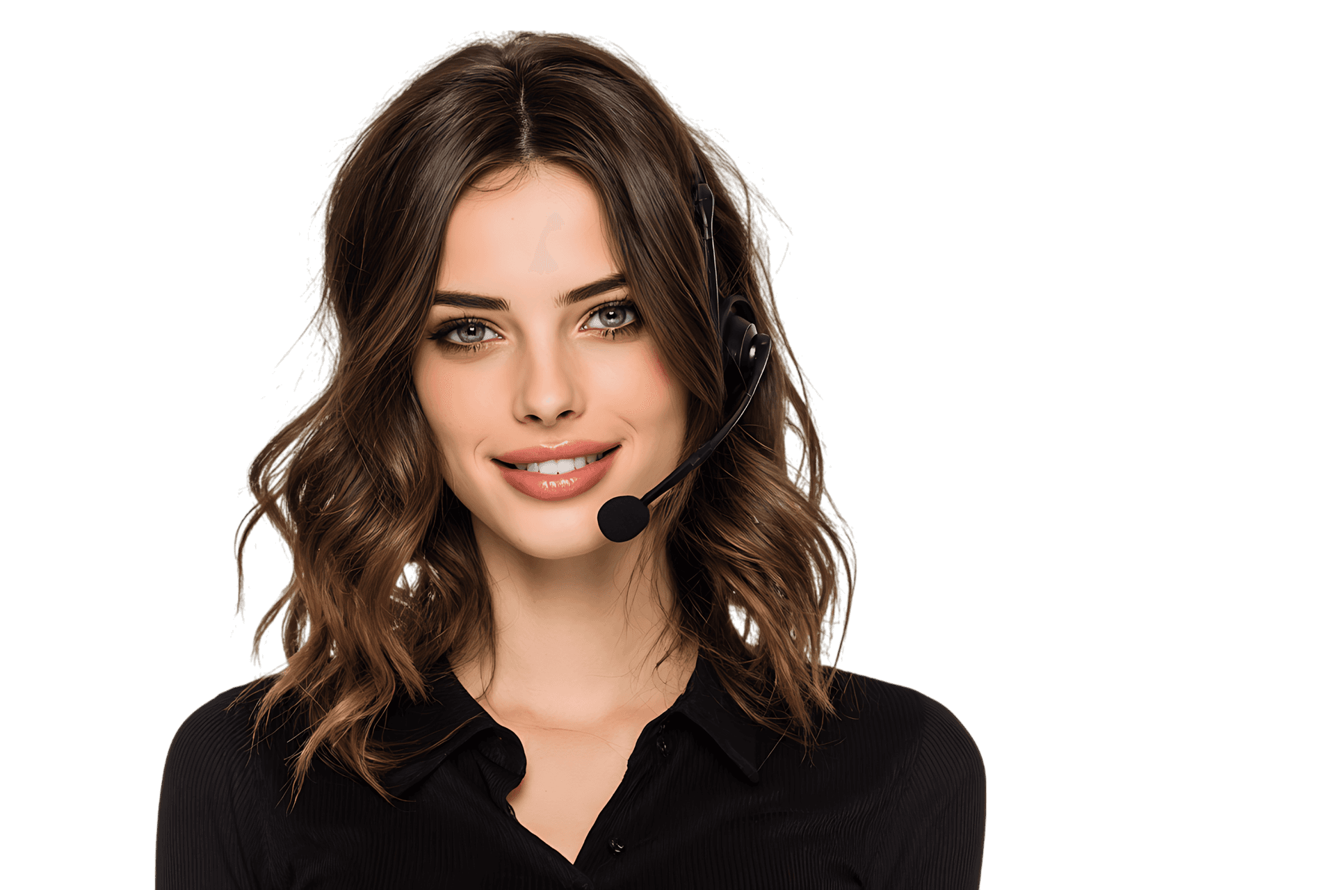 Friendly woman wearing a headset, providing customer service.