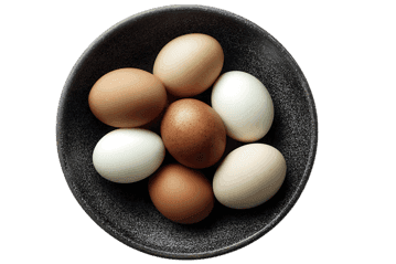 Six colorful eggs in a bowl.