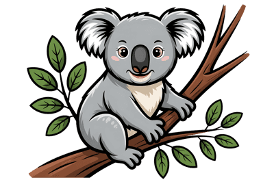 Cartoon koala on branch, cute animal illustration