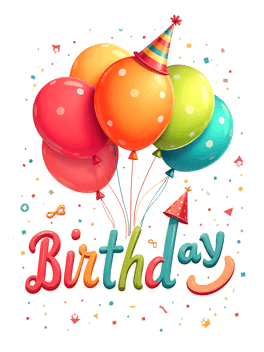 Vibrant birthday illustration with colorful balloons, party hat, and 'Birthday' text in cheerful lettering