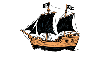 Pirate ship with skull flag sailing on the ocean