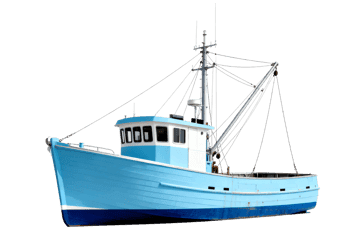 Blue and white commercial fishing boat on transparent background