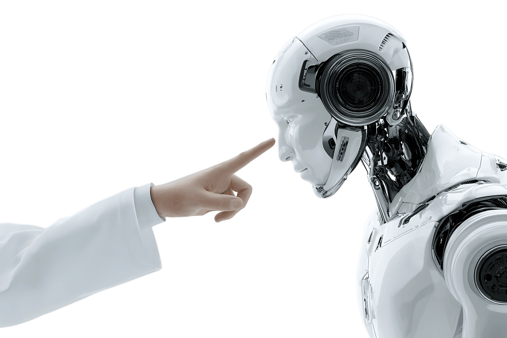 Human hand pointing at a robot's face.