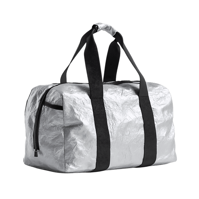 Silver crumpled duffel bag with black straps