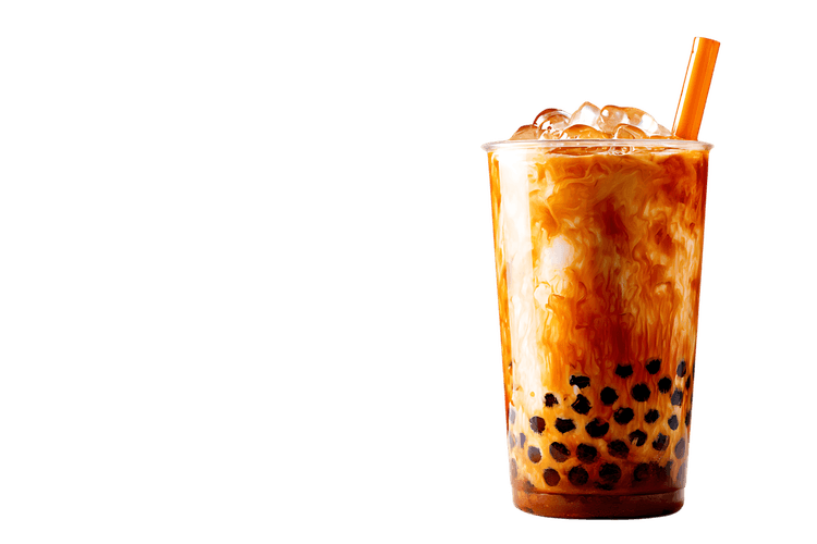Refreshing bubble tea with brown sugar and tapioca pearls in clear glass on white background