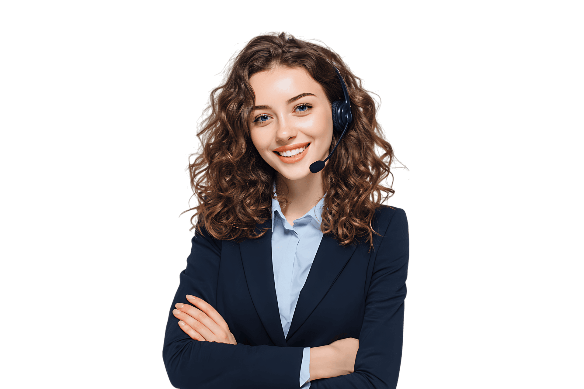Happy female customer support representative wearing headset