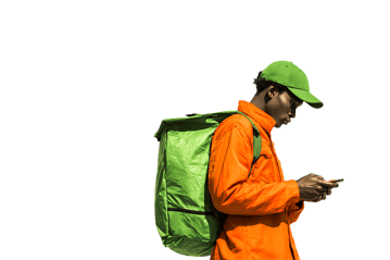 Courier checking address on phone, efficient urban delivery service.