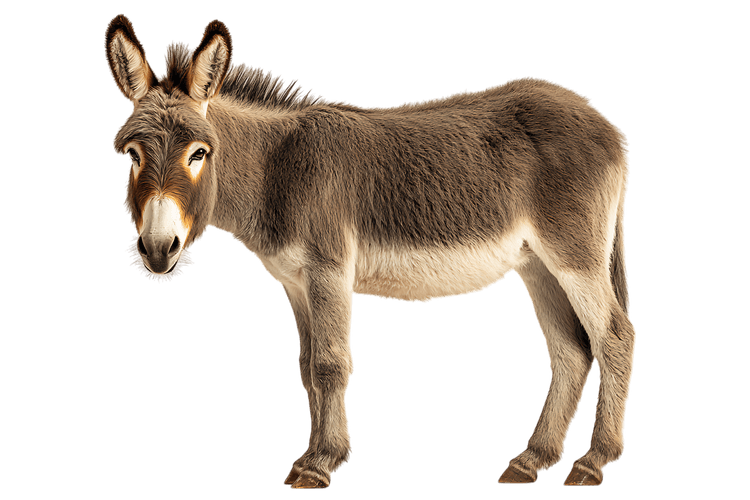Gray donkey standing against black background