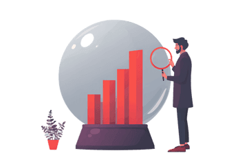 Person analyzing growth chart inside a snow globe.