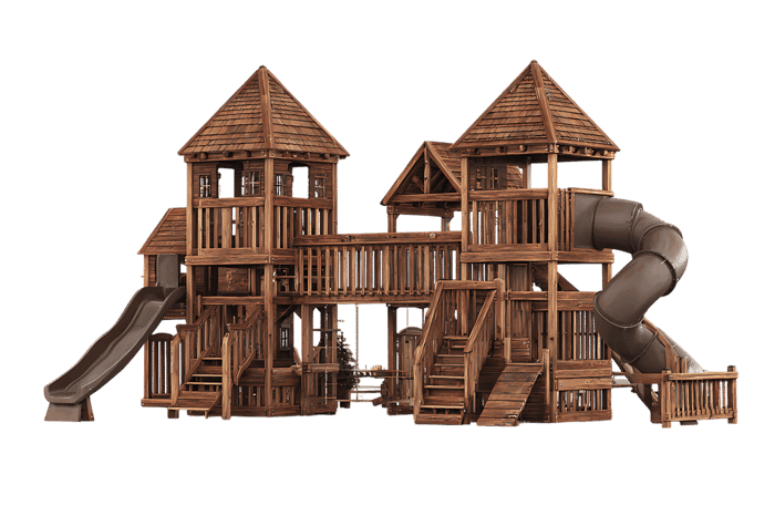 Large wooden playground with slides and towers